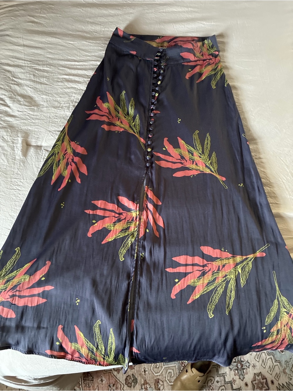 Free People charcoal Maxi Skirt with Coral & Lime Botanical Print